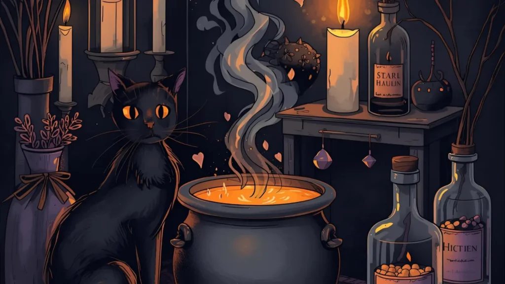 Candle, Cat & Potion Coloring Pages
