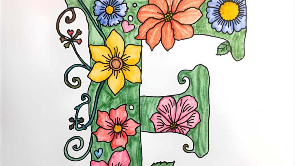 Flower themes are calming and colorful, great for relaxing coloring sessions.
Makers draw a leafy letter F with different blossoms, petals, and vines curling around the base letter.