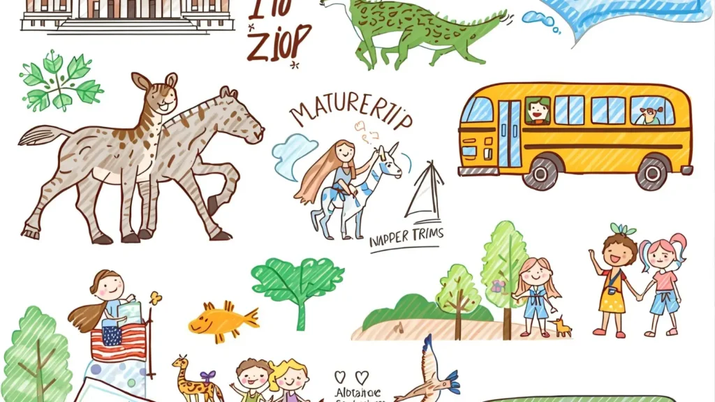 Museums, zoos, and nature trips appear on adventure-filled pages.
Artists sketch simple maps, binoculars, buses, and excited faces.