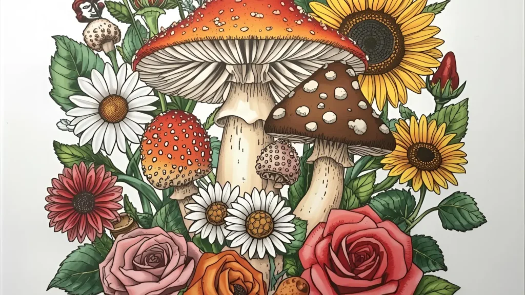Mushroom and Flower Coloring Pages