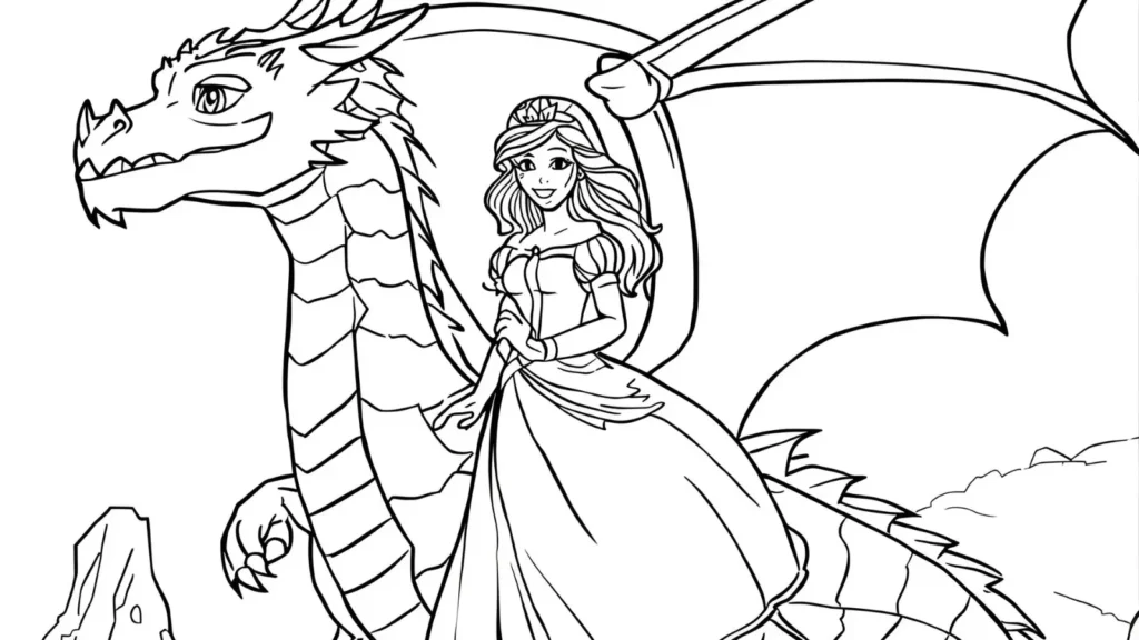 Princess and Dragon Coloring Page