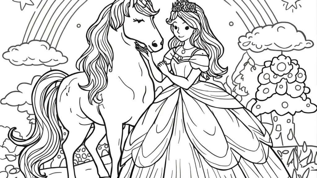 Princess and Unicorn Coloring Page