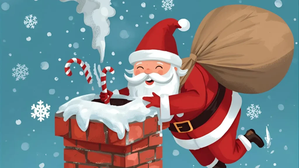 Santa Climbing Down the Chimney Coloring Pages