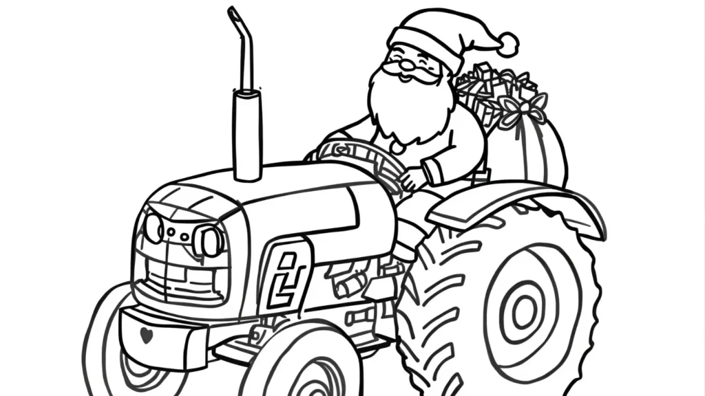 Santa Driving a Tractor Coloring Pages