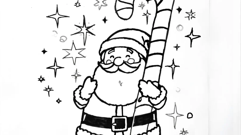 Santa Holding a Big Candy Cane Coloring Page