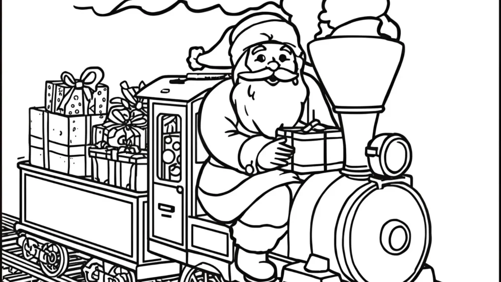 Santa Riding a Christmas Train Coloring Page