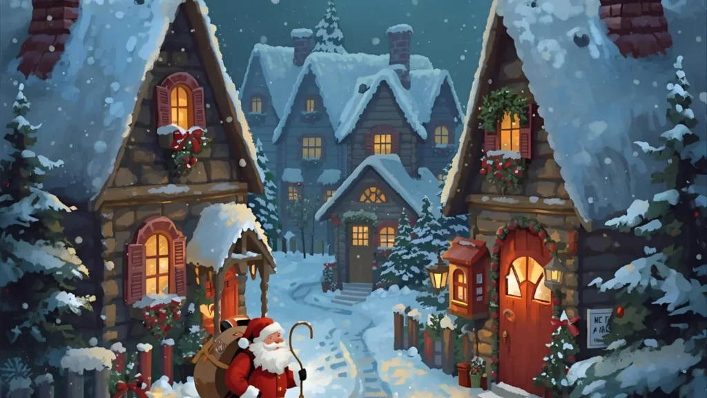 Santa in a Christmas Village Coloring Page