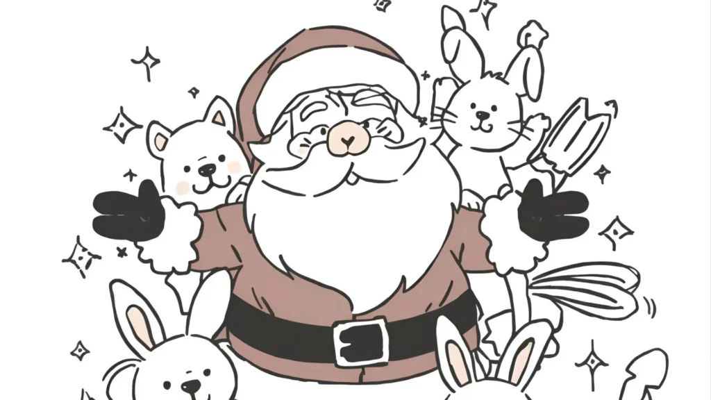 Santa with Cute Animals Coloring Page
