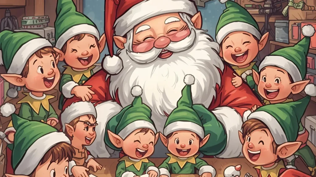 Santa with Elves Coloring Pages