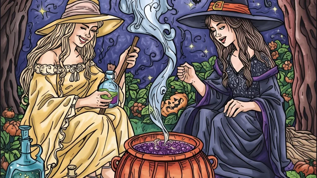 Witch and Cauldron Coloring Pages