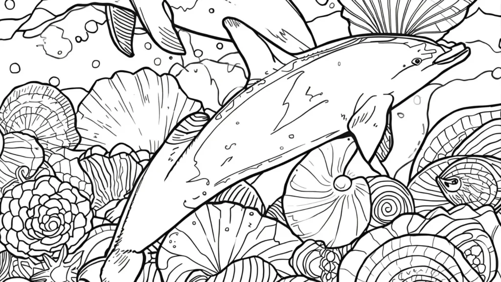 Dolphin with Seashells Coloring Pages