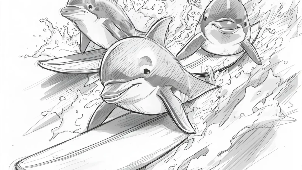 Surfing Dolphin Coloring Pages